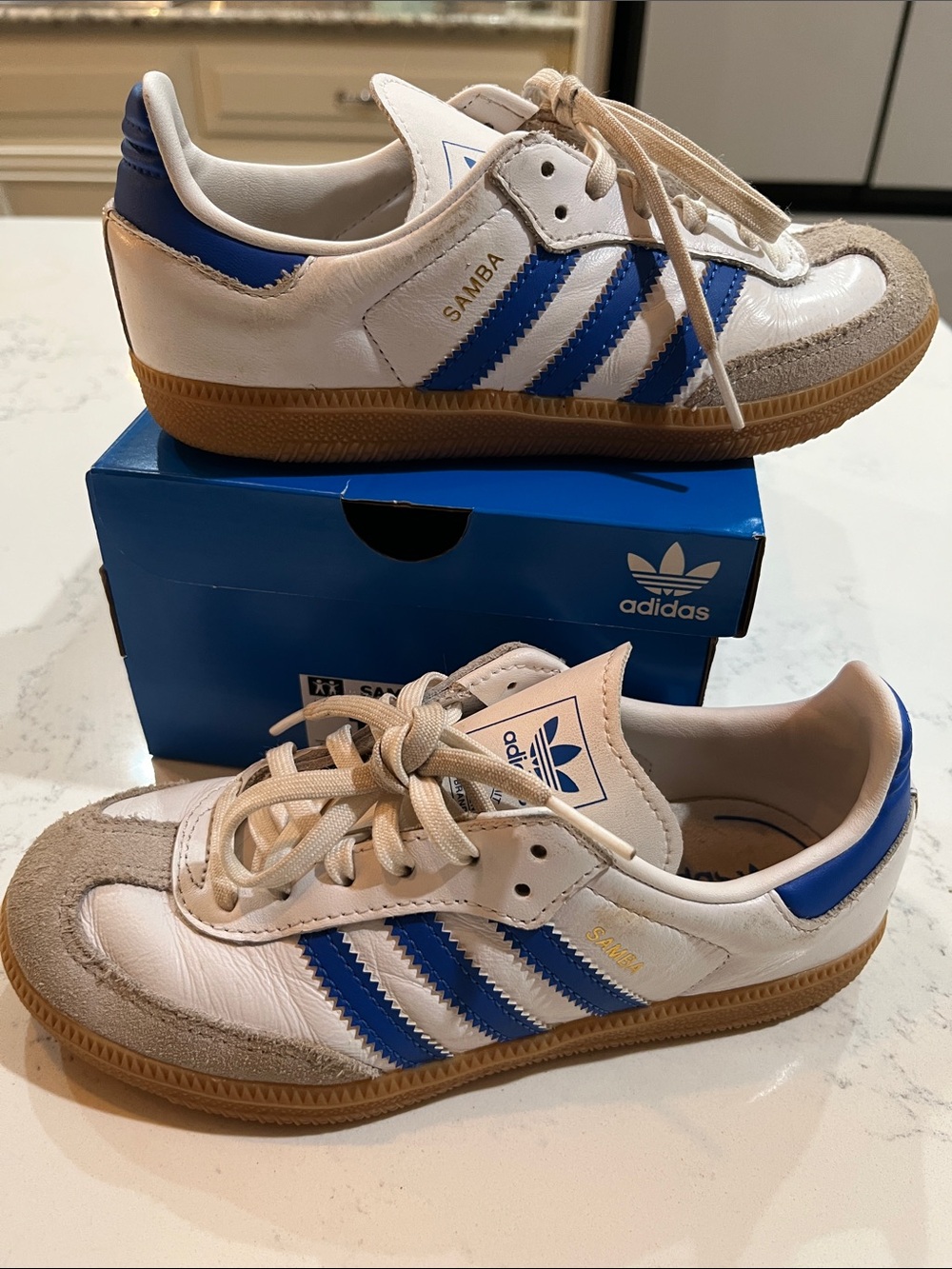 adidas Kids Samba Sneakers in White and Blue with Gum Sole